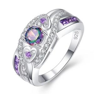 New 925 Silver Romantic Hearts Amethyst Ring